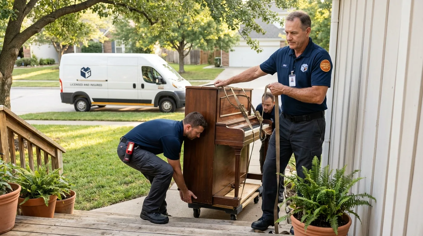 Licensed piano movers securing grand piano in Orange Cove, CA
