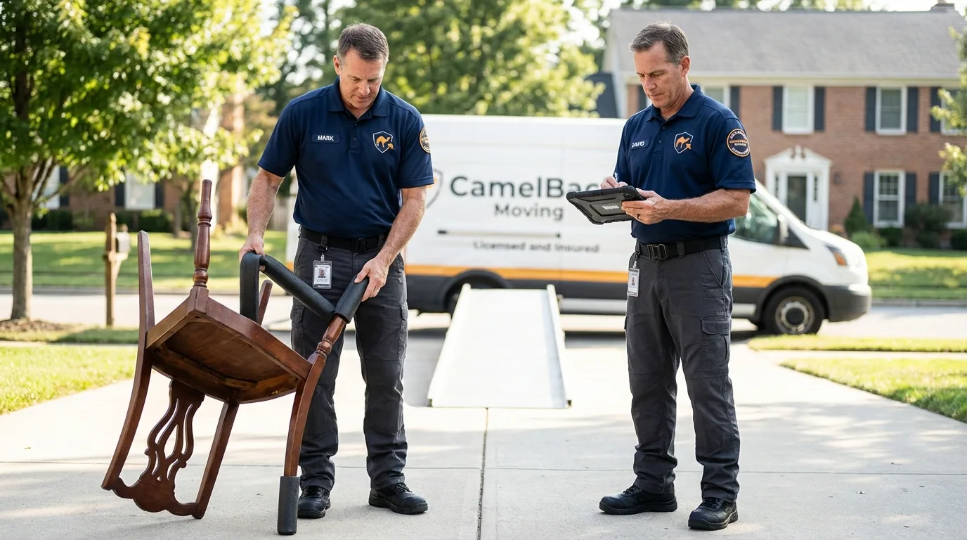 Movers inspecting furniture for damage prevention before loading in Orange Cove, CA