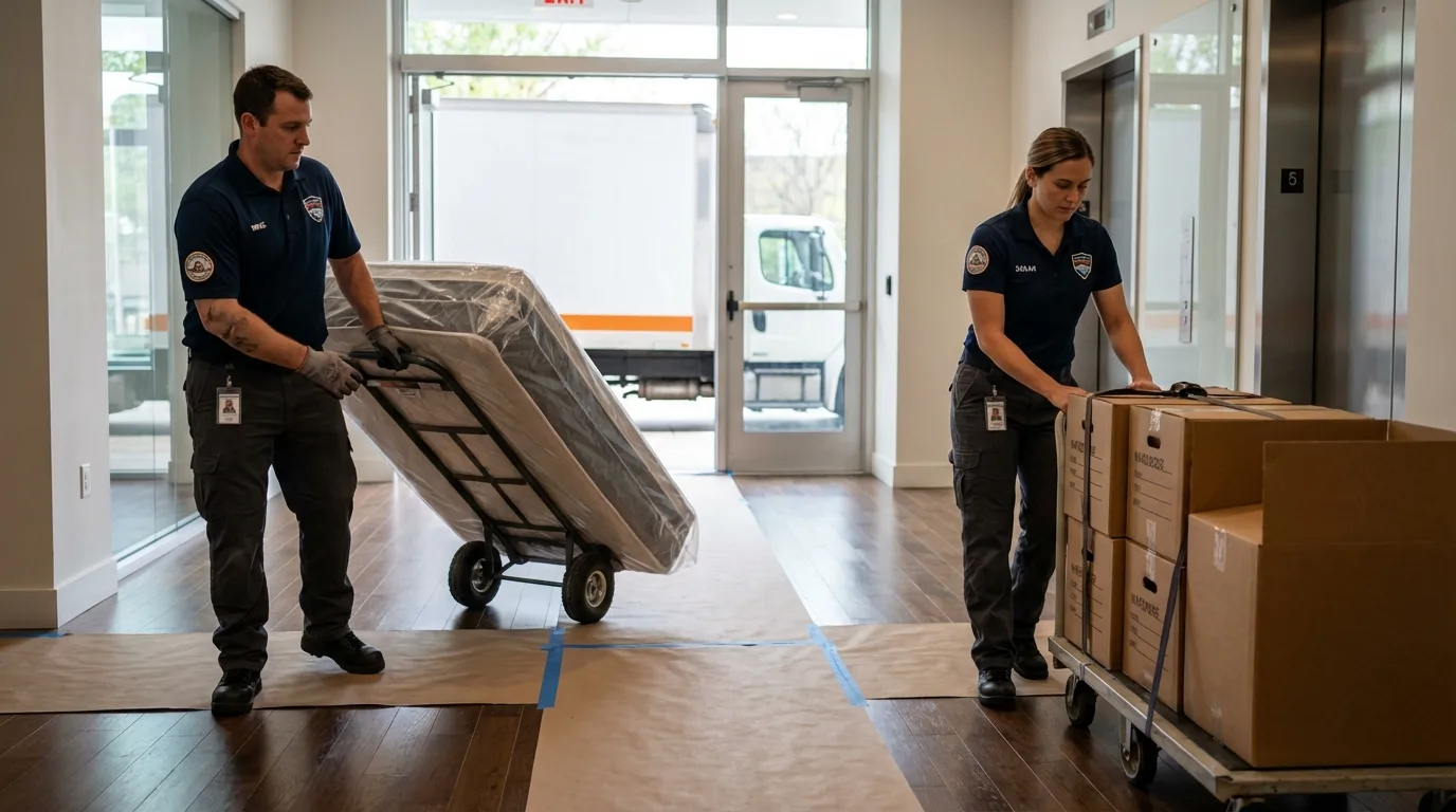 Professional apartment movers loading elevator in Orange Cove, CA