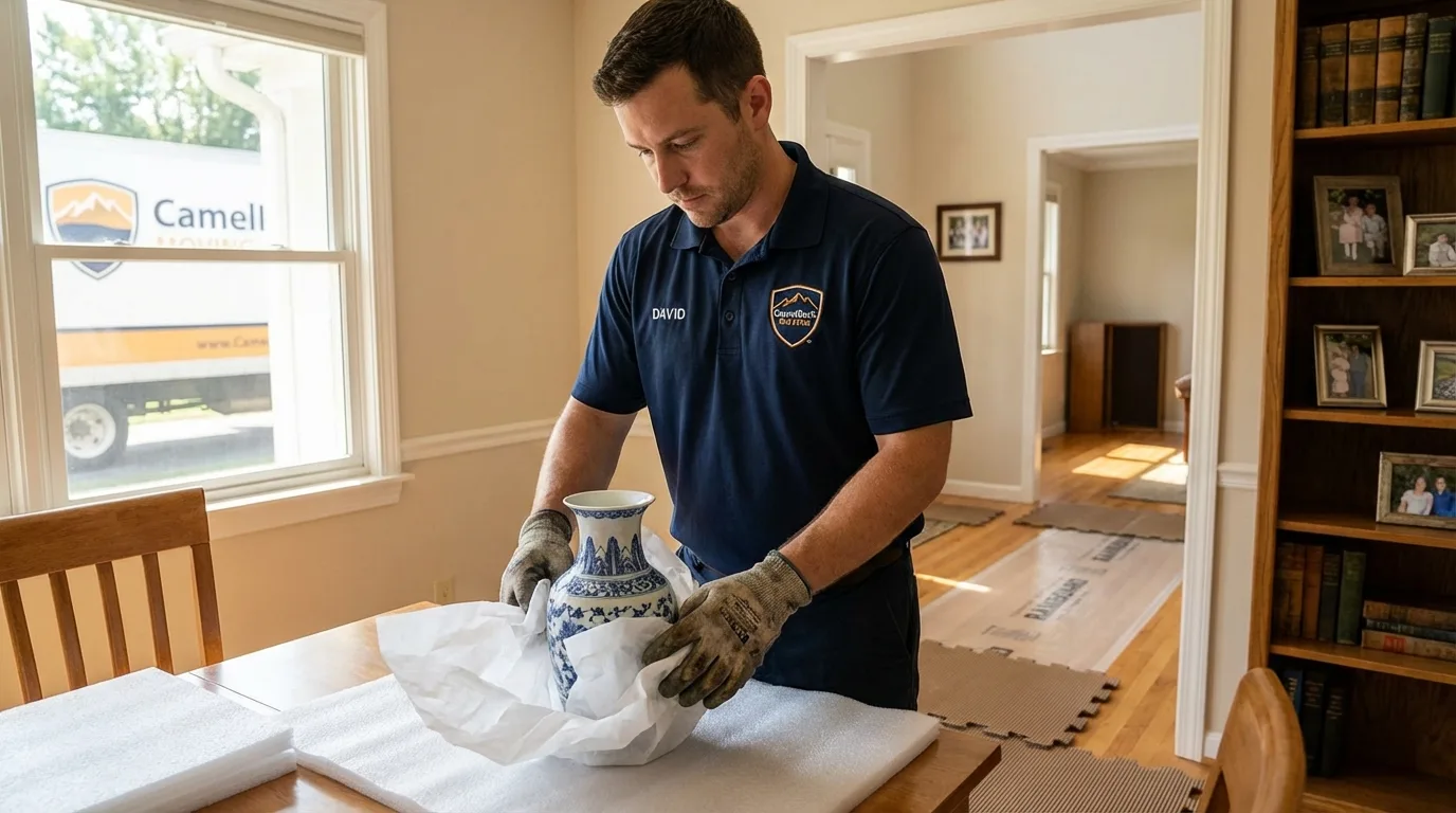 Professional crew carefully wrapping antique vase for senior downsizing move in Orange Cove, CA